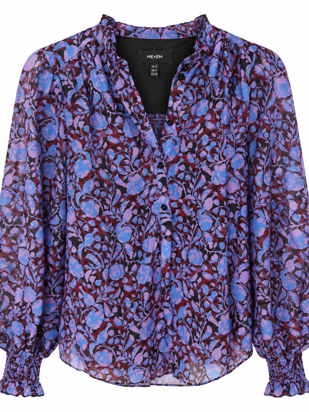 ME+EM Women’s US 4 Blue Purple Floral Cotton Silk Blouse Ruffle Top AW23